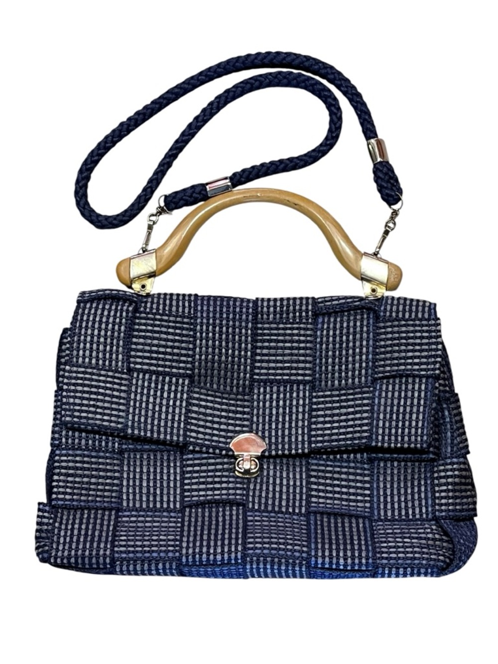 Navy Woven Shoulder Fabric Bag Italian Turn Lock Coastal Euro Classic Vintage